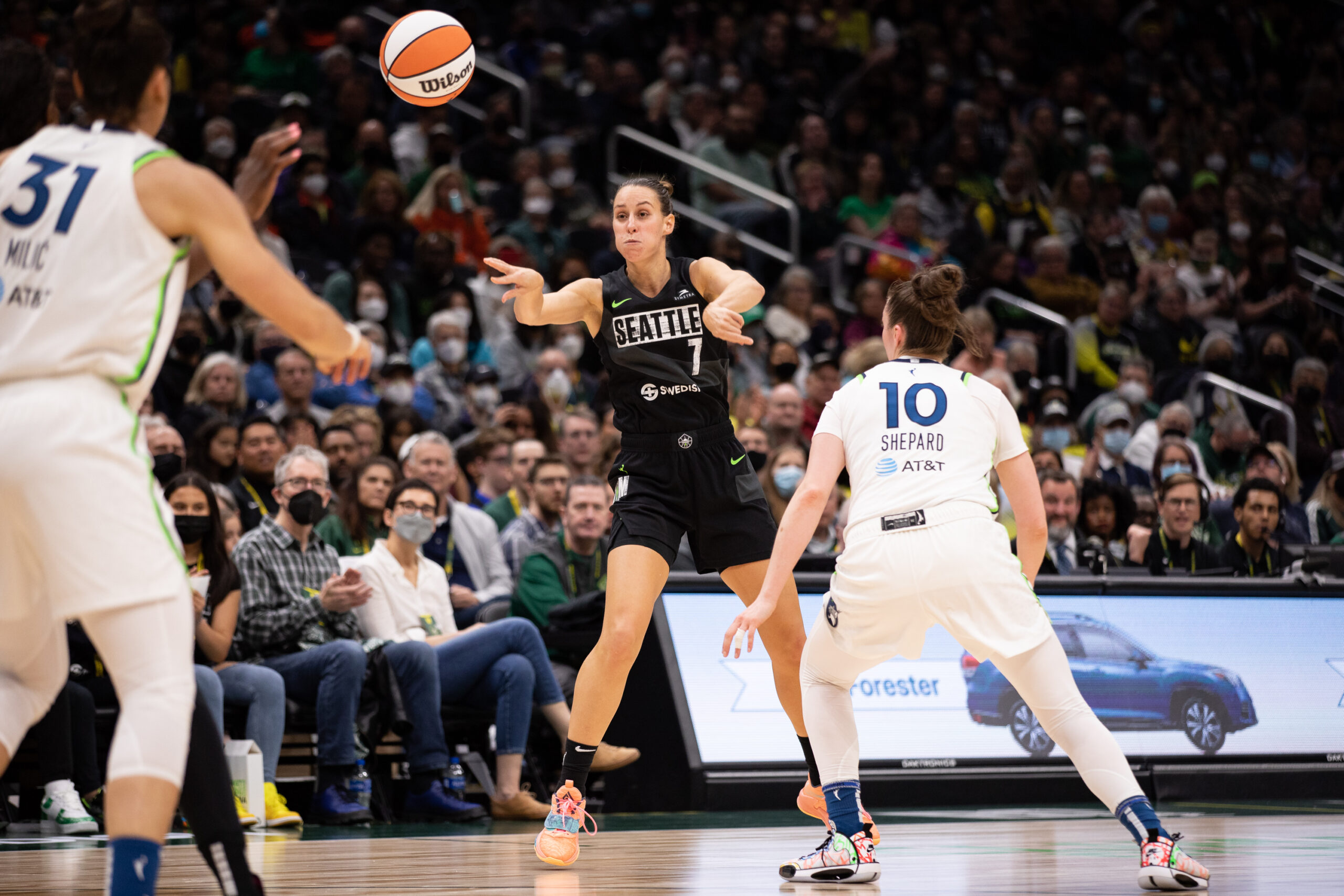Stephanie Talbot passes the ball in the Seattle Storm's 97-74 win over the Minnesota Lynx, May 6, 2022, at Climate Pledge Arena in Seattle, Wash.