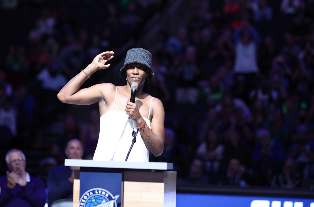 Sylvia Fowles addresses the crowd at her jersey retirement ceremony on June 11. 