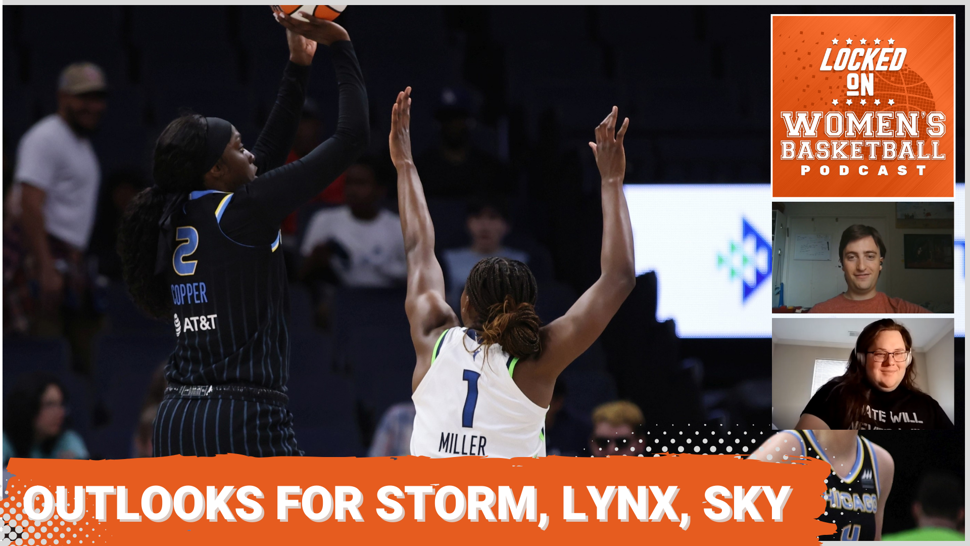 A photo of Chicago Sky wing Kahleah Copper shooting over Minnesota Lynx guard Diamond Miller is the centerpiece of the image. The text "Outlooks for Storm, Lynx, Sky" is overlaid at the bottom in all caps, and the orange Locked on Women's Basketball logo is in the upper right corner.
