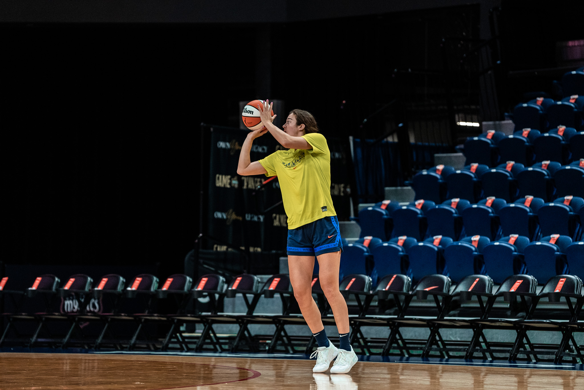 Maddy Siegrist shoots warmups. (Photo courtesy of Dallas Wings)