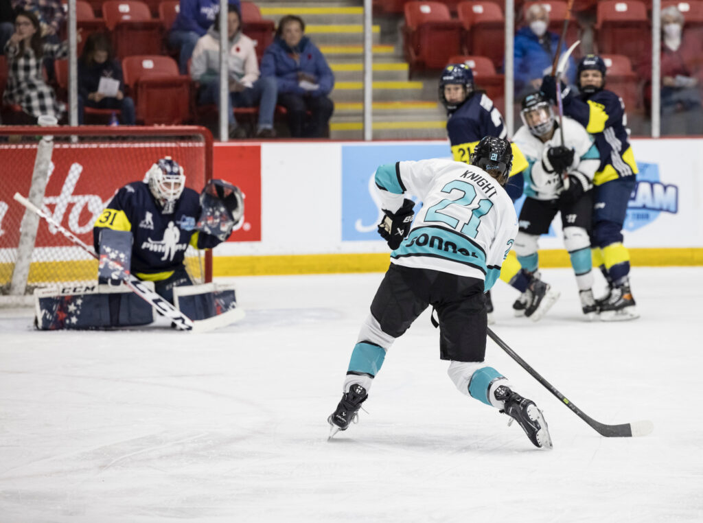 IIHF Female Player of the Year Hilary Knight takes a shot in a 2022 PWHPA game