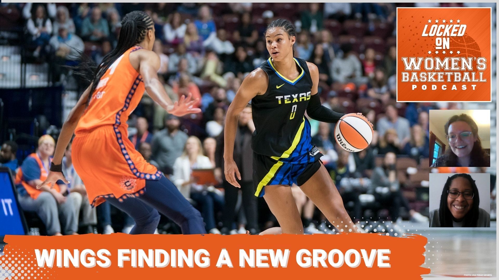Satou Sabally and the Dallas Wings' defensive-minded mentality have them in a groove early in the season. A photo of Sabally dribbling in a game against the Connecticut Sun with the episode title of "Wings Finding a New Groove" (Photo Credit: Chris Poss)