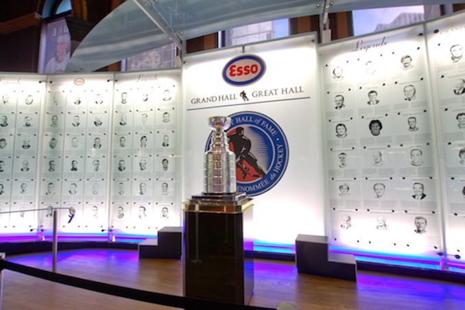 The Stanley Cup is pictured against the backdrop of the Hockey Hall of Fame.