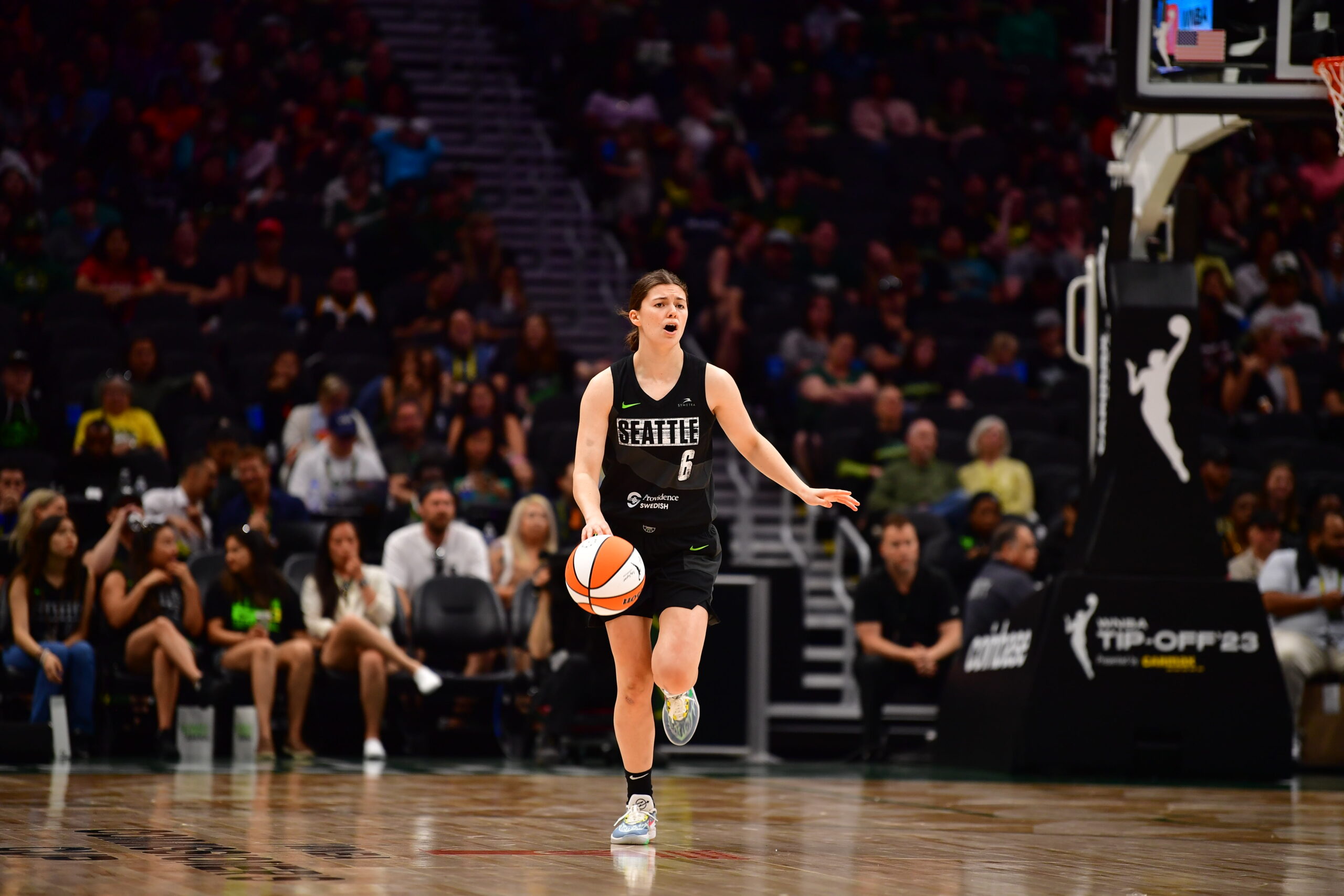 WNBA Seattle Storm point guard Jade Melbourne dribbles the ball up the court