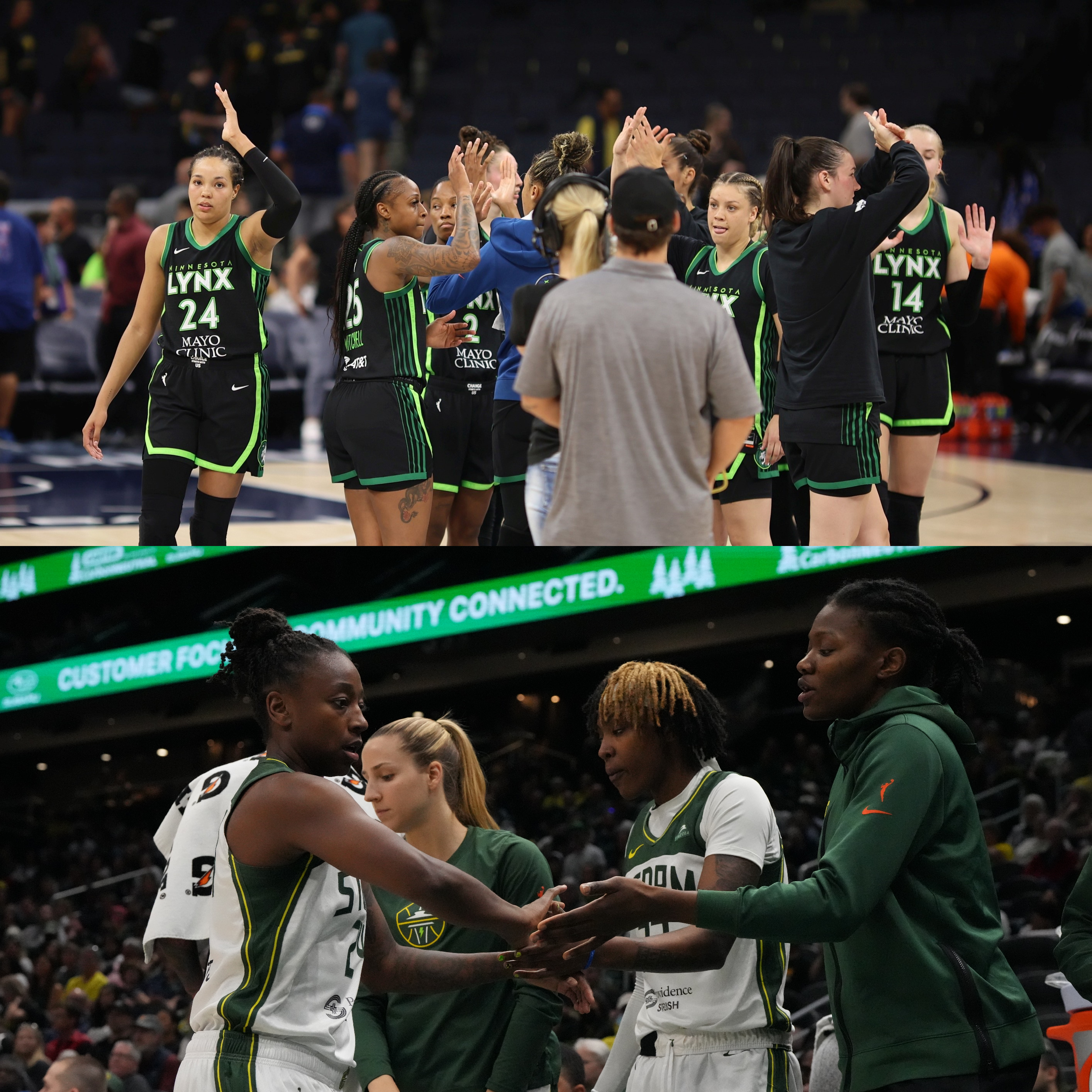 Two pictures: on top, players for the Minnesota Lynx meet at the middle of the court after a game to huddle and wave to fans; on bottom, Jewell Loyd high-fives members of the Seattle Storm bench as she walks by them