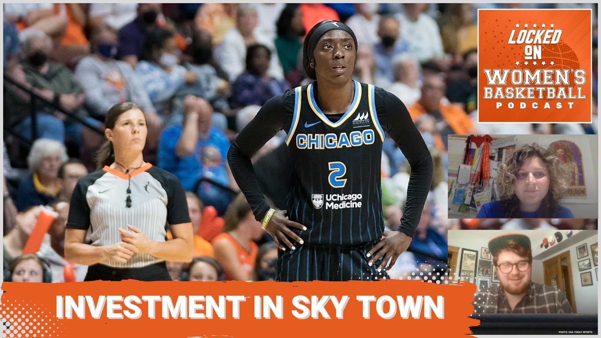 Kahleah Copper stands with her hands on her hips. White letters on an orange background say "Investment in Sky Town"