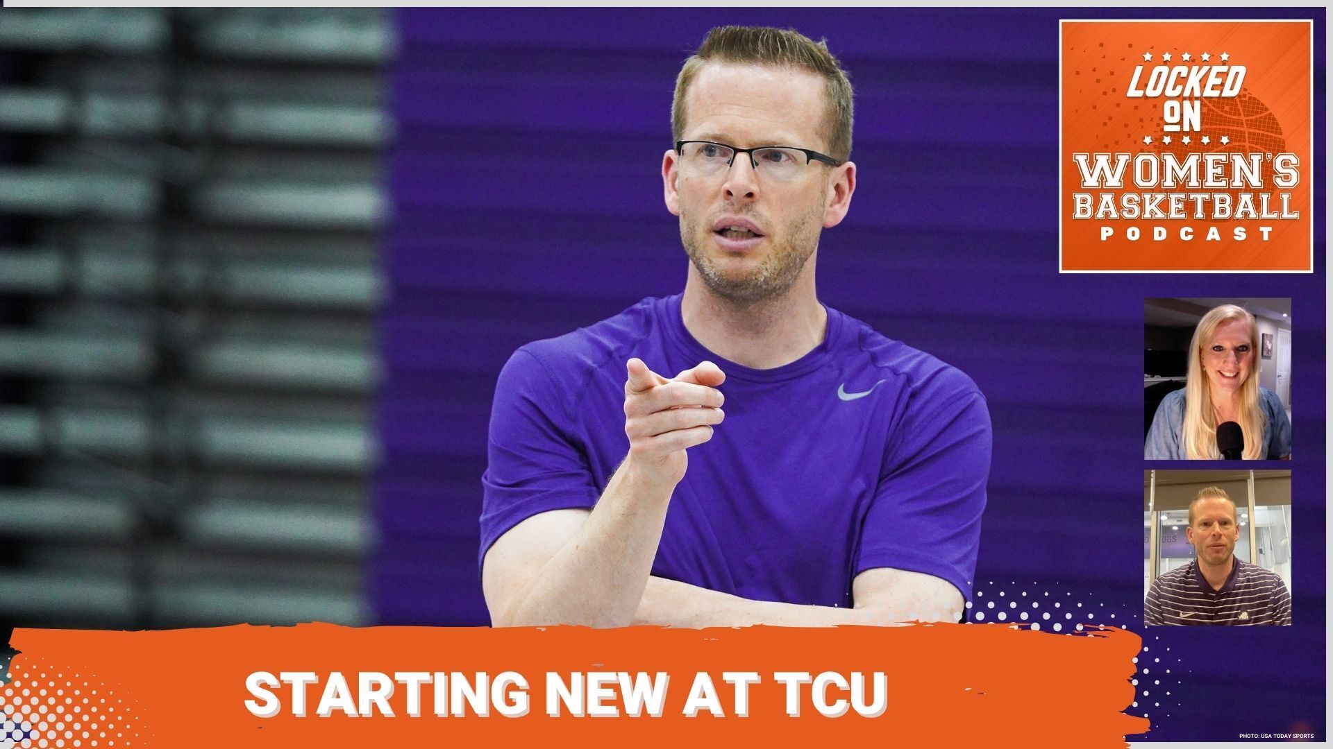 Man points his finger toward the camera. Underneath, white text on an orange background reads "starting new at TCU"