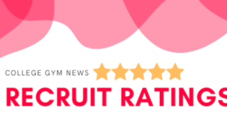 A banner for College Gym News' Recruit Ratings, with pink blobs on a white background and five gold stars next to the name of the ratings.