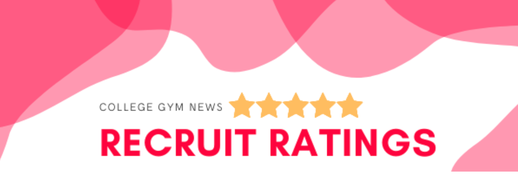 A banner for College Gym News' Recruit Ratings, with pink blobs on a white background and five gold stars next to the name of the ratings.