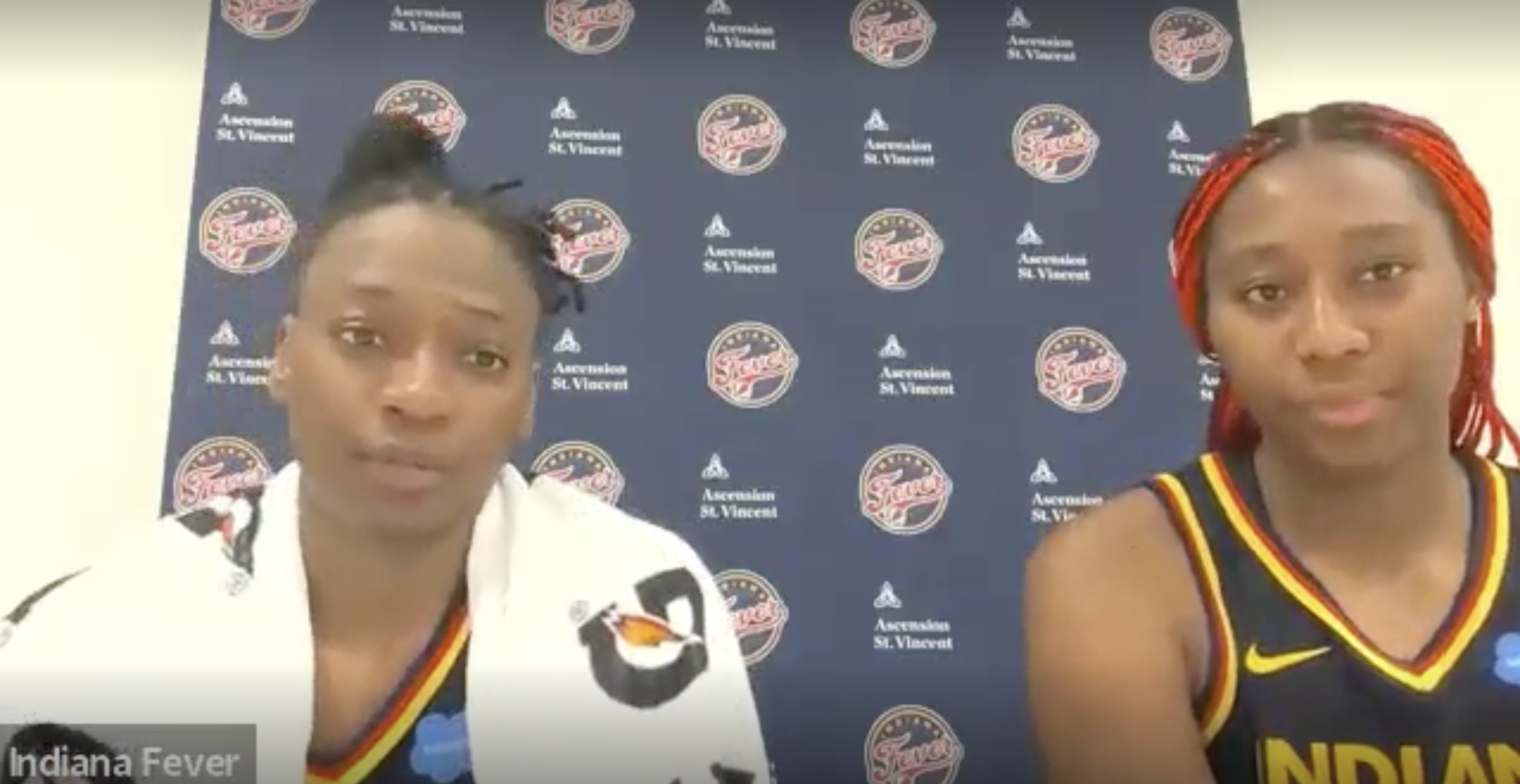 Erica Wheeler and Aliyah Boston talk to postgame Zoom following Indiana Fever's loss to Chicago Sky on Tuesday, June 6. (screenshot)