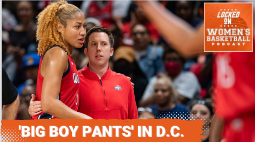 Shakira Austin puts her arm around Eric Thibault. White letters on orange text read 'big boy pants' in D.C.
