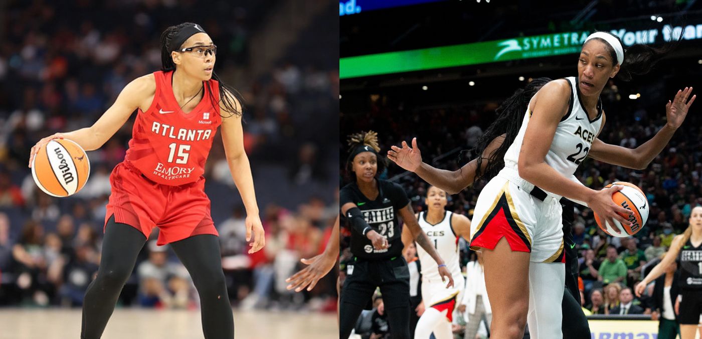 Side-by-side photos of two South Carolina alumnae in the WNBA: Atlanta's Allisha Gray dribbles the ball with her right hand, and Las Vegas' A'ja Wilson looks for a pass.