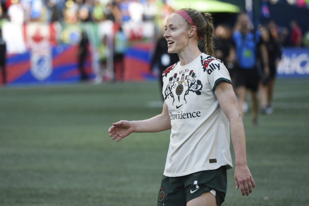 Jun 3, 2023; Seattle, Washington, USA; Portland Thorns FC defender Becky Sauerbrunn (4) reacts after defeating the OL Reign at Lumen Field. Mandatory Credit: Michael Thomas Shroyer-USA TODAY Sports