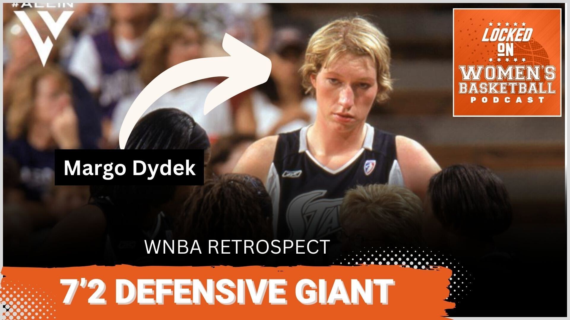 Polish center Margo Dydek, playing for the San Antonio Silver Stars, towers over her teammates in a huddle. The phrases "WNBA Retrospect" and "7'2 Defensive Giant" are overlaid at the bottom in all caps, and the orange Locked on Women's Basketball logo is in the upper right corner.