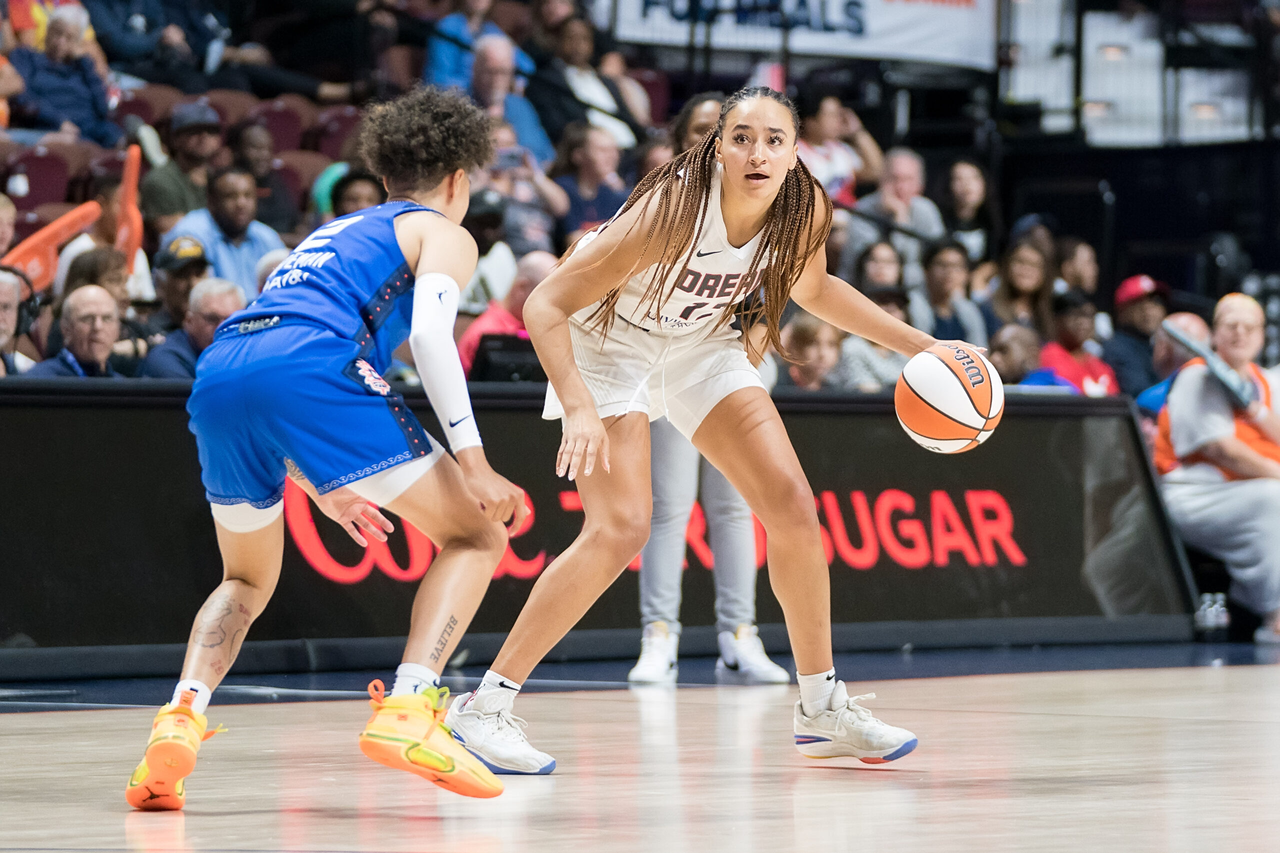 Atlanta Dream forward/guard Haley Jones (13) with the ball during the WNBA game between the Atlanta Dream and the Connecticut Sun at Mohegan Sun Arena, Uncasville, Connecticut, USA on June 15, 2023. (Photo Credit: Chris Poss, The Next)