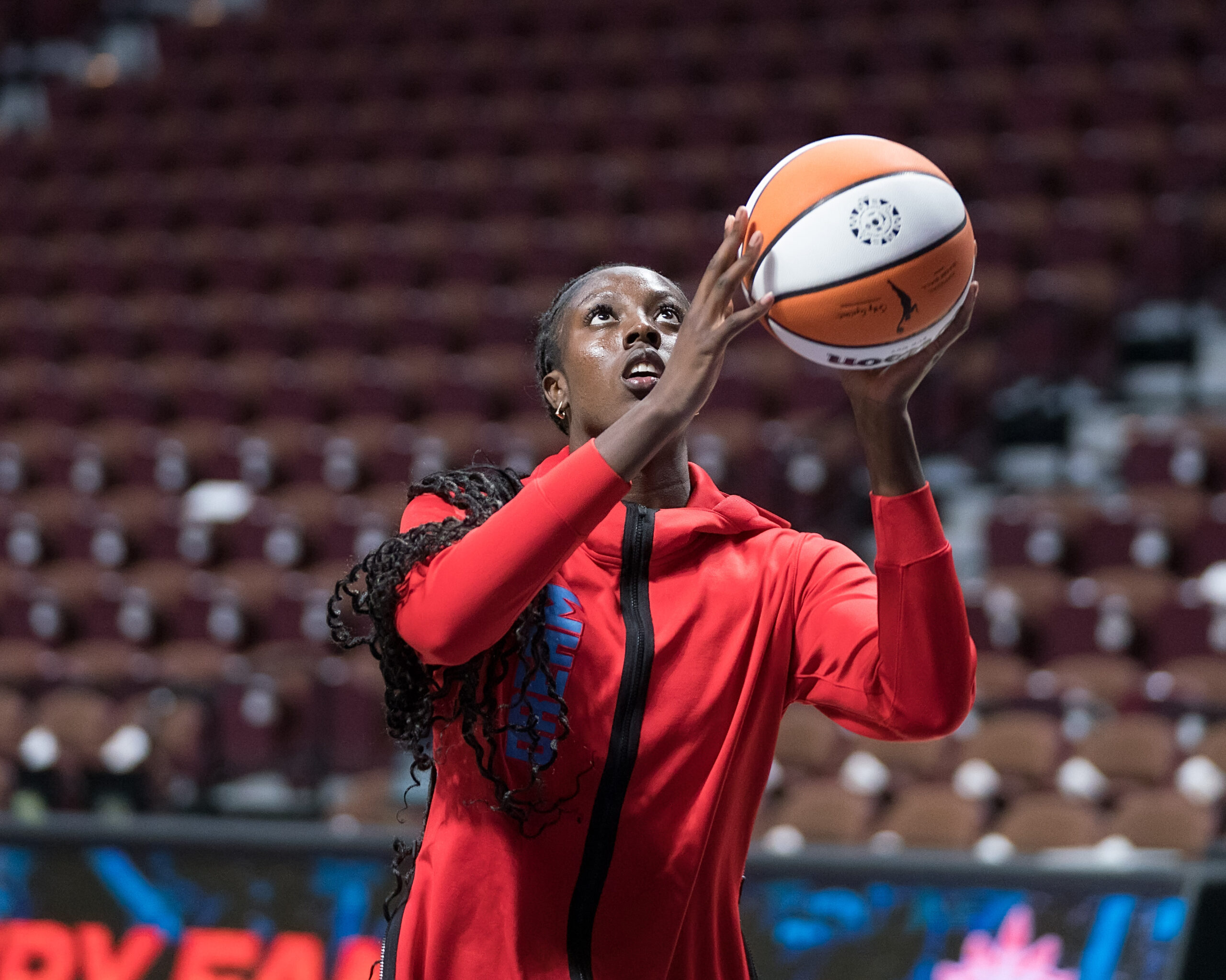 Atlanta Dream forward Laeticia Amihere (7) warms up before the WNBA game between the Atlanta Dream and the Connecticut Sun at Mohegan Sun Arena, Uncasville, Connecticut, USA on June 15, 2023. Photo Credit: Chris Poss
