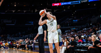Maddy Siegrist shoots during a game against the Los Angeles Sparks. (photo via Dallas Wings)
