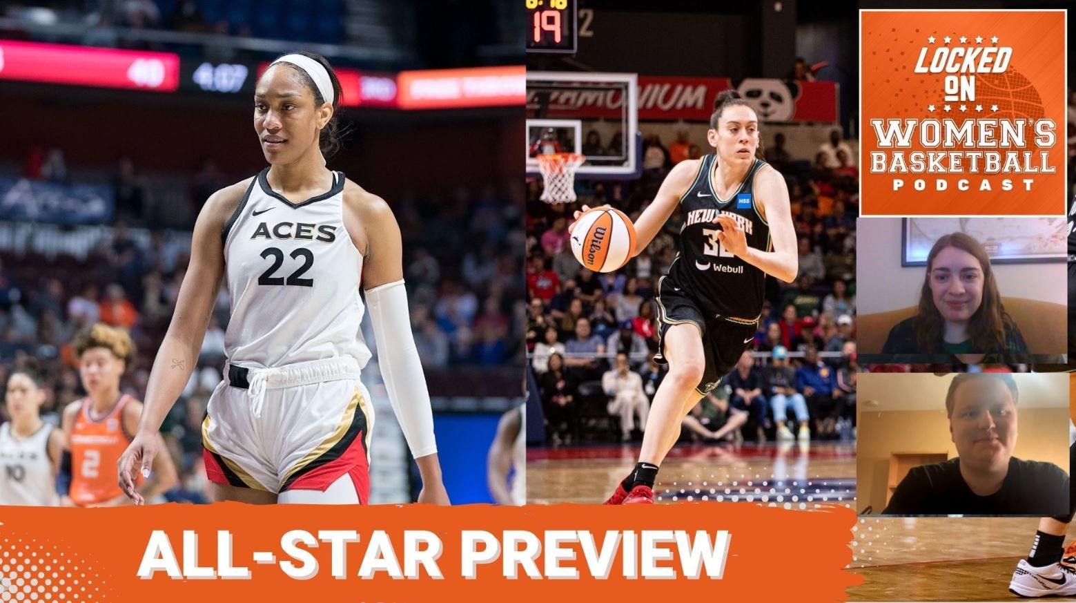 All-Stars A'ja Wilson and Breanna Stewart are pictured against the Locked on Women's Basketball backdrop.