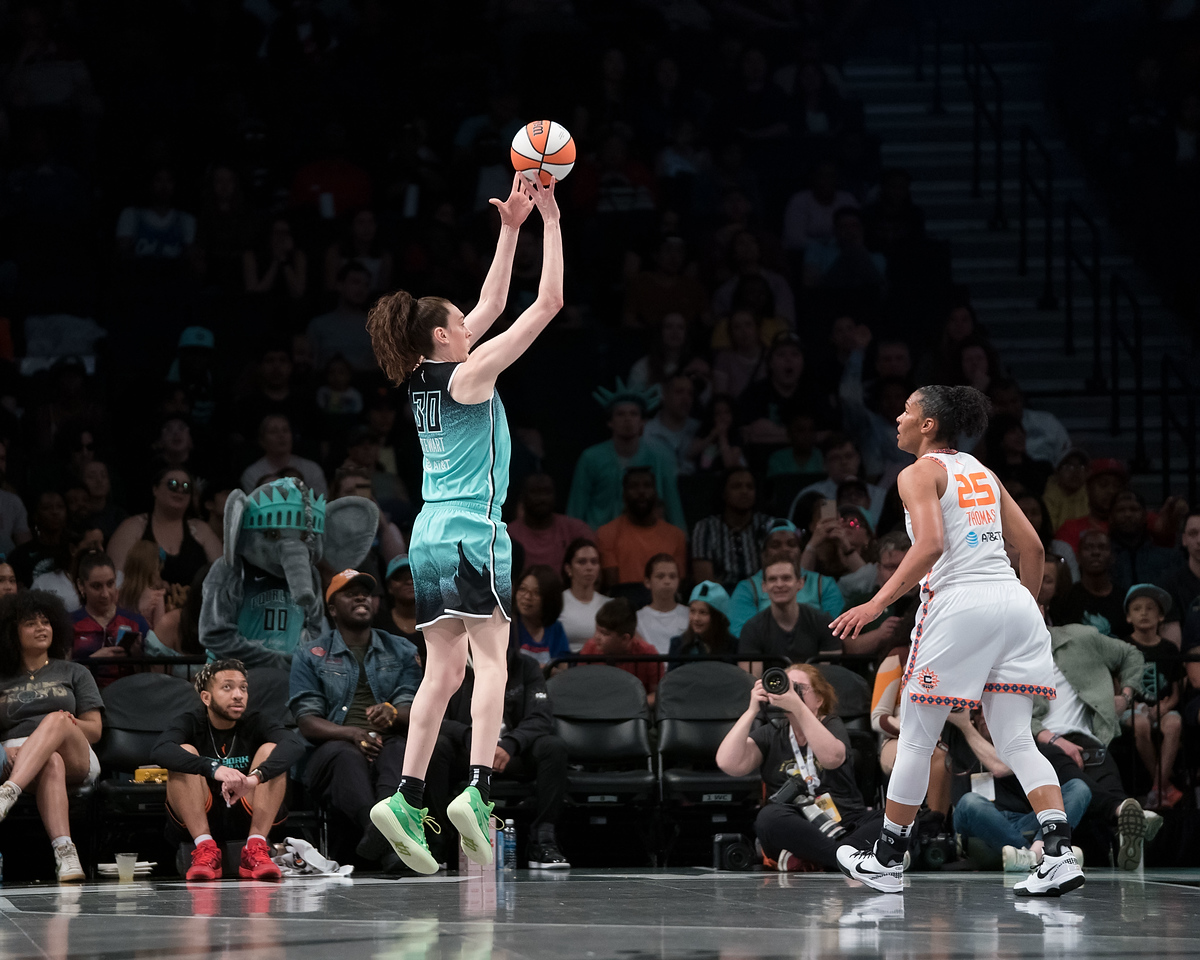 New York Liberty forward Breanna Stewart (30) shoots during a matchup of top WNBA awards candidates between the Connecticut Sun and the New York Liberty at Barclays Center, Brooklyn, New York, USA on May 27, 2023.