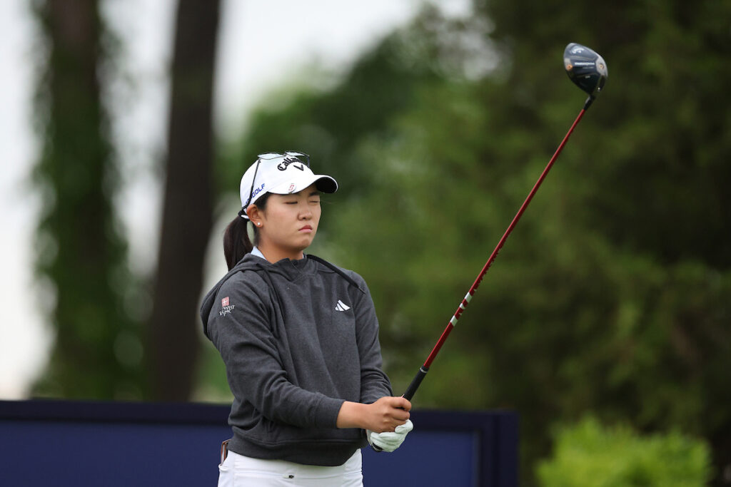 JERSEY CITY, NEW JERSEY - JUNE 03: Rose Zhang of the United States lines up her shot from the 16th tee during the third round of the Mizuho Americas Open at Liberty National Golf Club on June 3, 2023 in Jersey City, New Jersey. (Photo by Elsa/Getty Images)