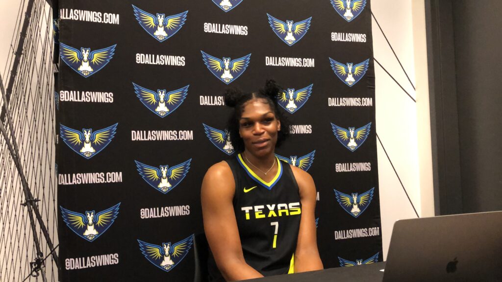 Teaira McCowan speaks to media after a win by the Dallas Wings over the New York Liberty on July 19, 2023. (Howard Megdal photo)