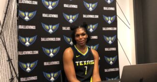 Teaira McCowan speaks to media after a win by the Dallas Wings over the New York Liberty on July 19, 2023. (Howard Megdal photo)