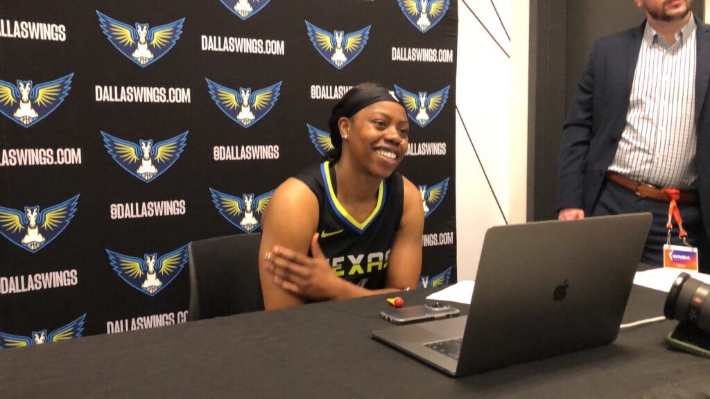 Arike Ogunbowale speaks to media after a win by the Dallas Wings over the New York Liberty on July 19, 2023. (Howard Megdal photo)