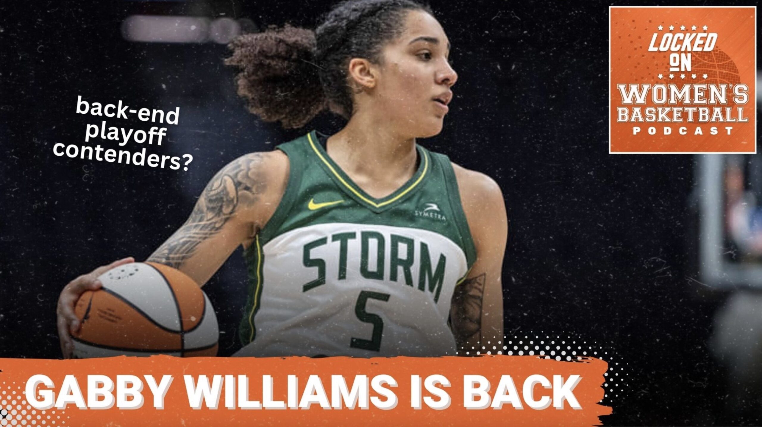 Gabby Williams is pictured in green and white, number five Seattle Storm jersey. She is photographed handling the signature WNBA basketball.