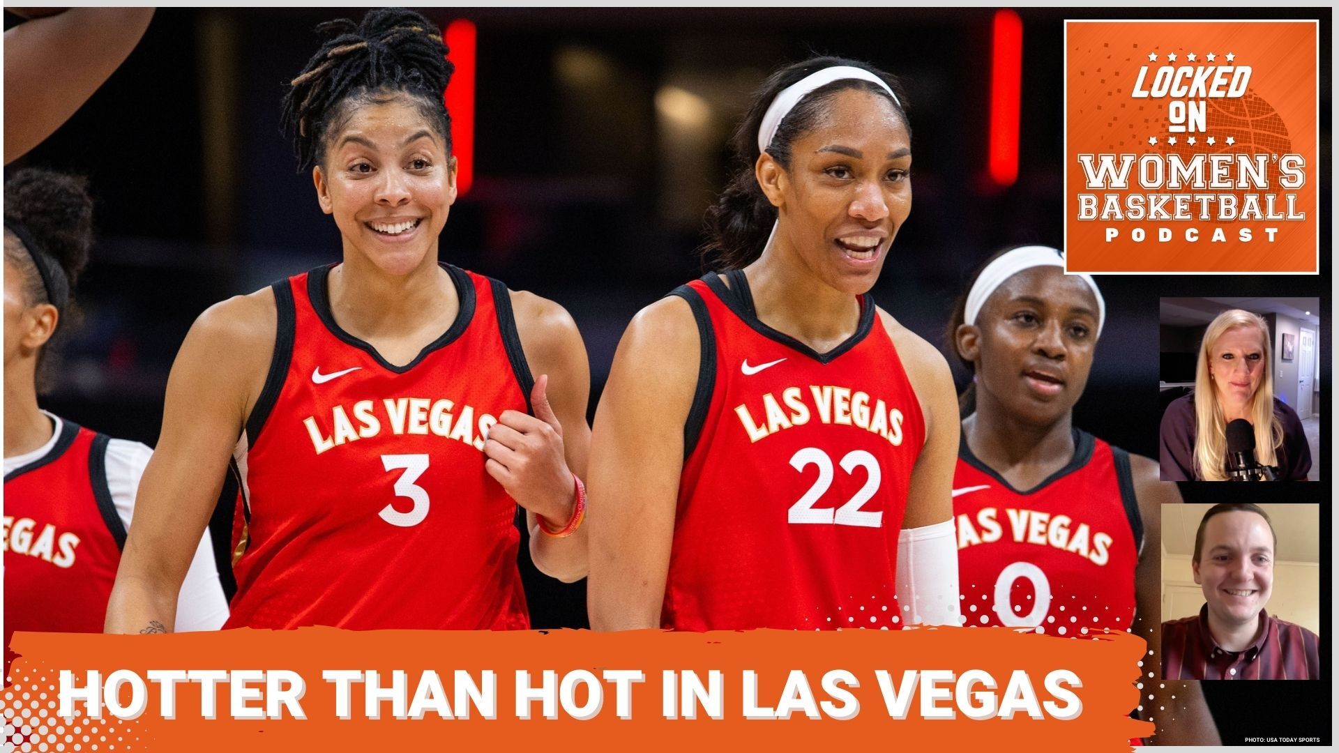 Graphic with a photo of Las Vegas Aces starters Candace Parker, A'ja Wilson and Jackie Young. Text overlay reads "hotter than hot in Las Vegas."