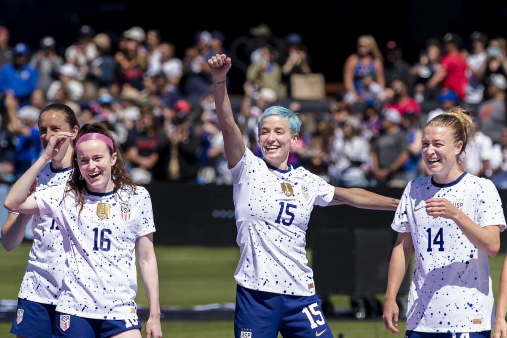Jul 9, 2023; San Jose, California, USA;  United States of America forward Megan Rapinoe (15) celebrates with her teammates during the send-off celebrations after the game against Wales PayPal Park. Mandatory Credit: John Hefti-USA TODAY Sports