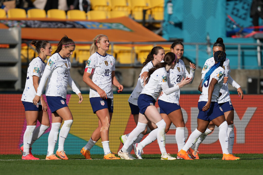 Jul 27, 2023; Wellington, NZL; United States midfielder Lindsey Horan (10) reacts after scoring a goal against the Netherlands during the second half in a group stage match for the 2023 FIFA Women's World Cup at Wellington Regional Stadium. Mandatory Credit: Jenna Watson-USA TODAY Sports