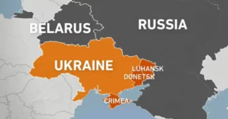 A map showing Russia, Belarus and Ukraine.