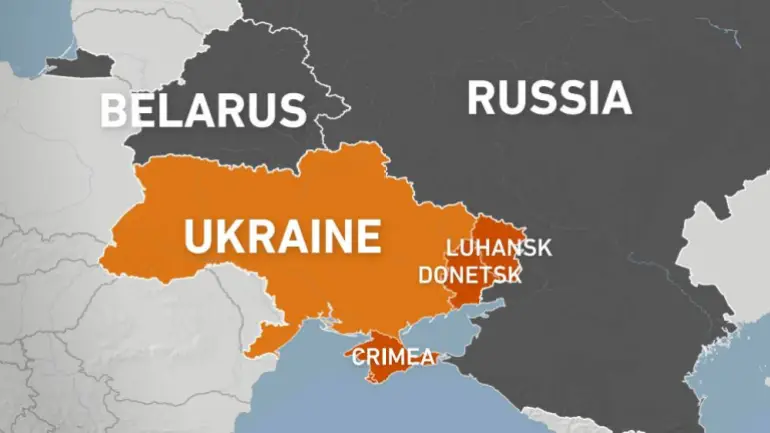 A map showing Russia, Belarus and Ukraine.