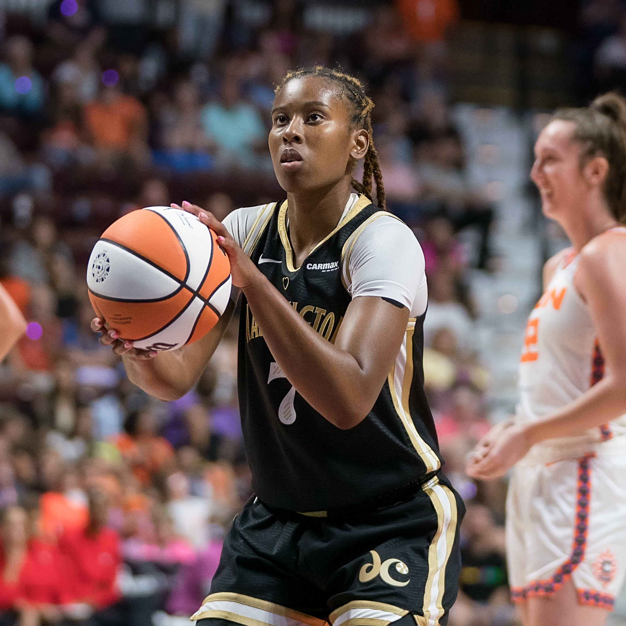 Washington Mystics guard Ariel Atkins shoots a left-handed free throw.