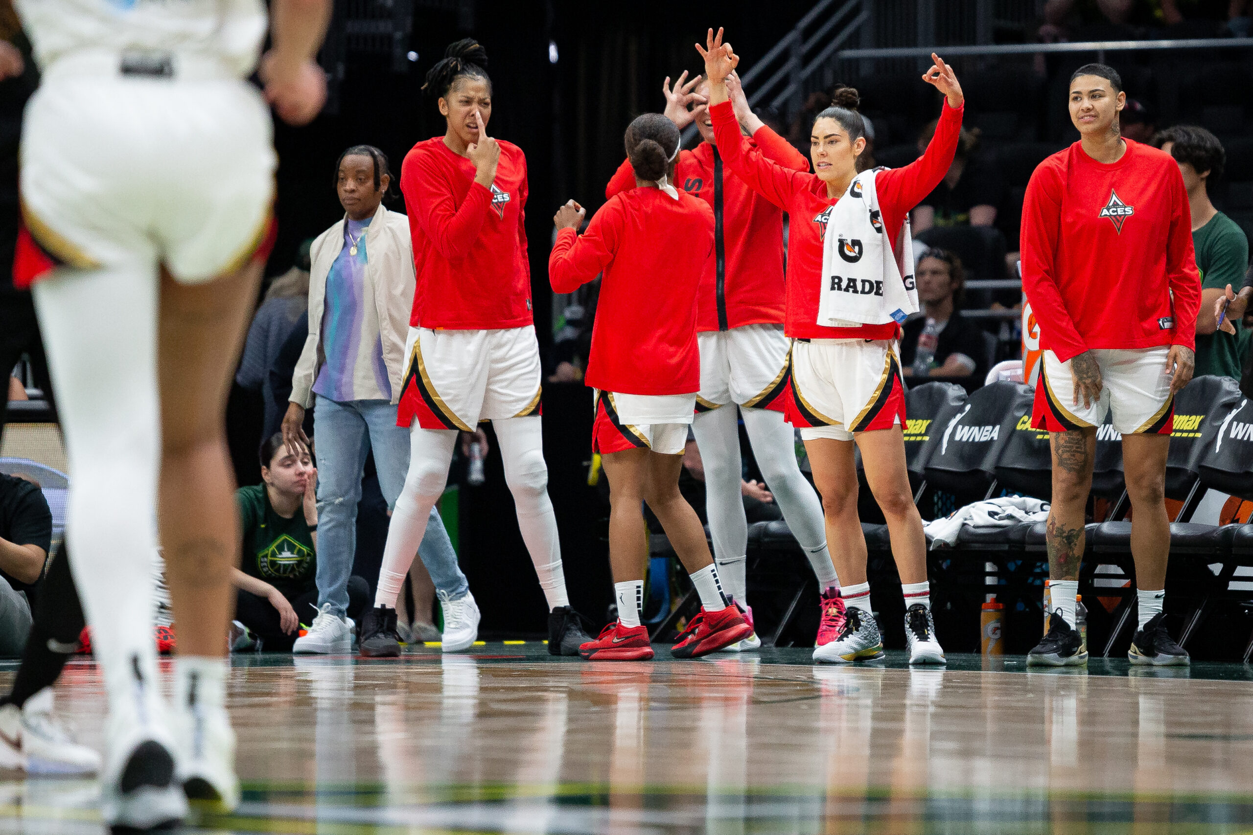 The Aces bench celebrates a play in the Las Vegas Aces’ 105-64 win over the Seattle Storm, Saturday, May 20, 2023, at Climate Pledge Arena in Seattle, Wash.