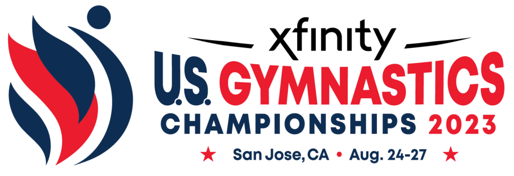 The US Gymnastics nationals logo is pictured alongside the Xfinity sponsor logo and the words "US Gymnastics Championships 2023, San Jose, CA, Aug. 24-27.