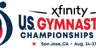 The US Gymnastics nationals logo is pictured alongside the Xfinity sponsor logo and the words "US Gymnastics Championships 2023, San Jose, CA, Aug. 24-27.