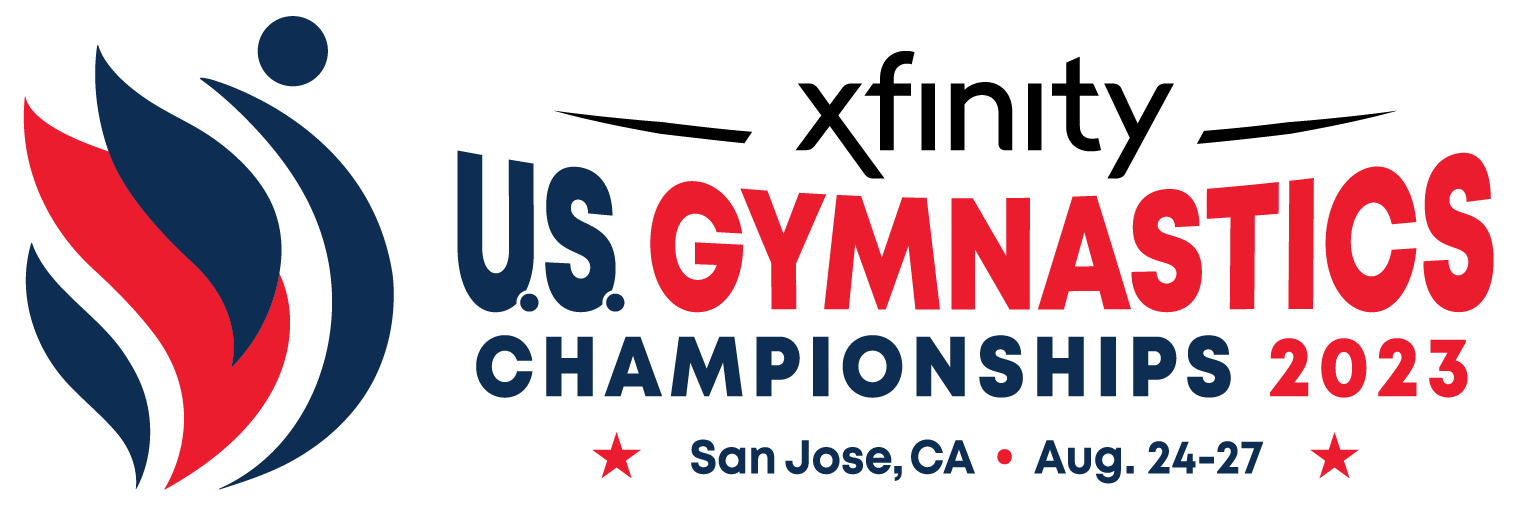 The US Gymnastics nationals logo is pictured alongside the Xfinity sponsor logo and the words "US Gymnastics Championships 2023, San Jose, CA, Aug. 24-27.