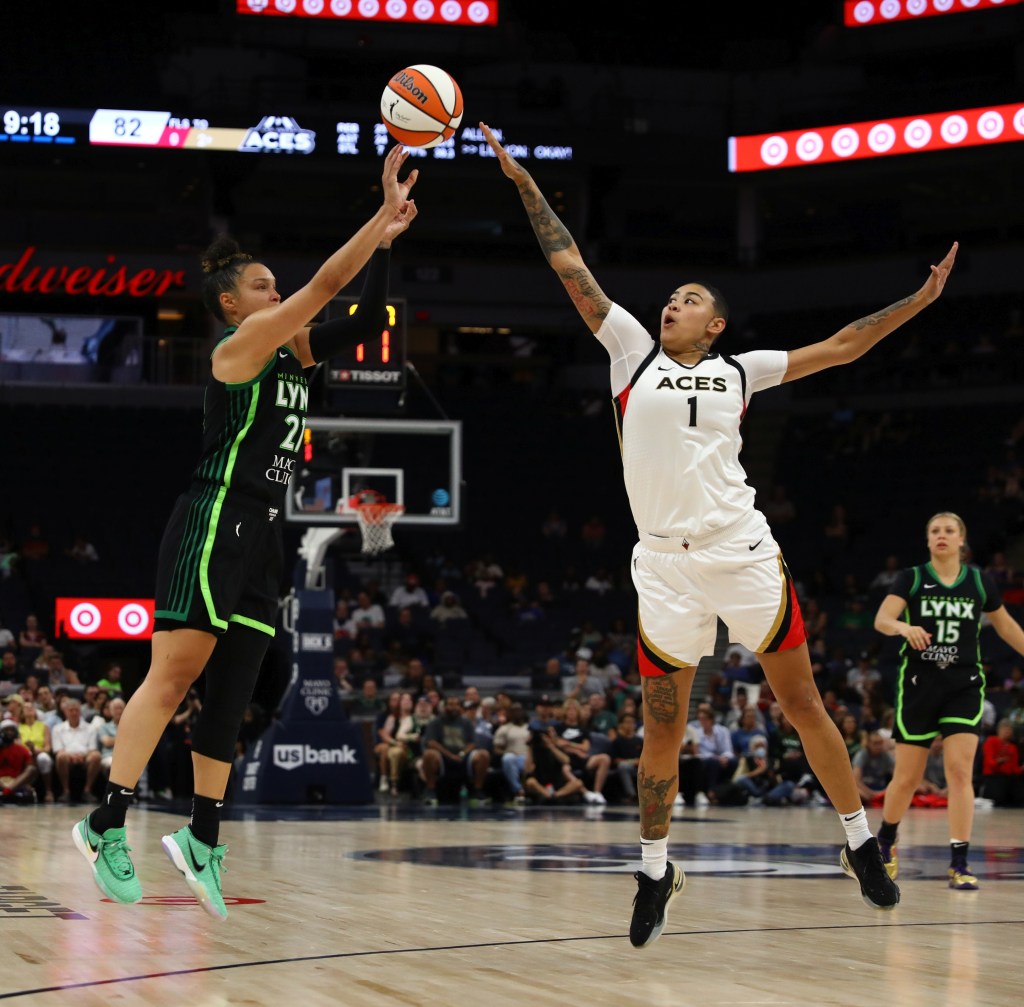 Bell contest's the 3-point shot of the Lynx's Kayla McBride in the Aces' July 9th tilt with Minnesota.