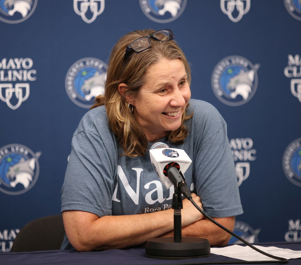 Cheryl Reeve meets with the media after Minnesota's 97-92 win against the Washington Mystics on July 26 at Target Center in Minneapolis (Photo Credit: John McClellan)