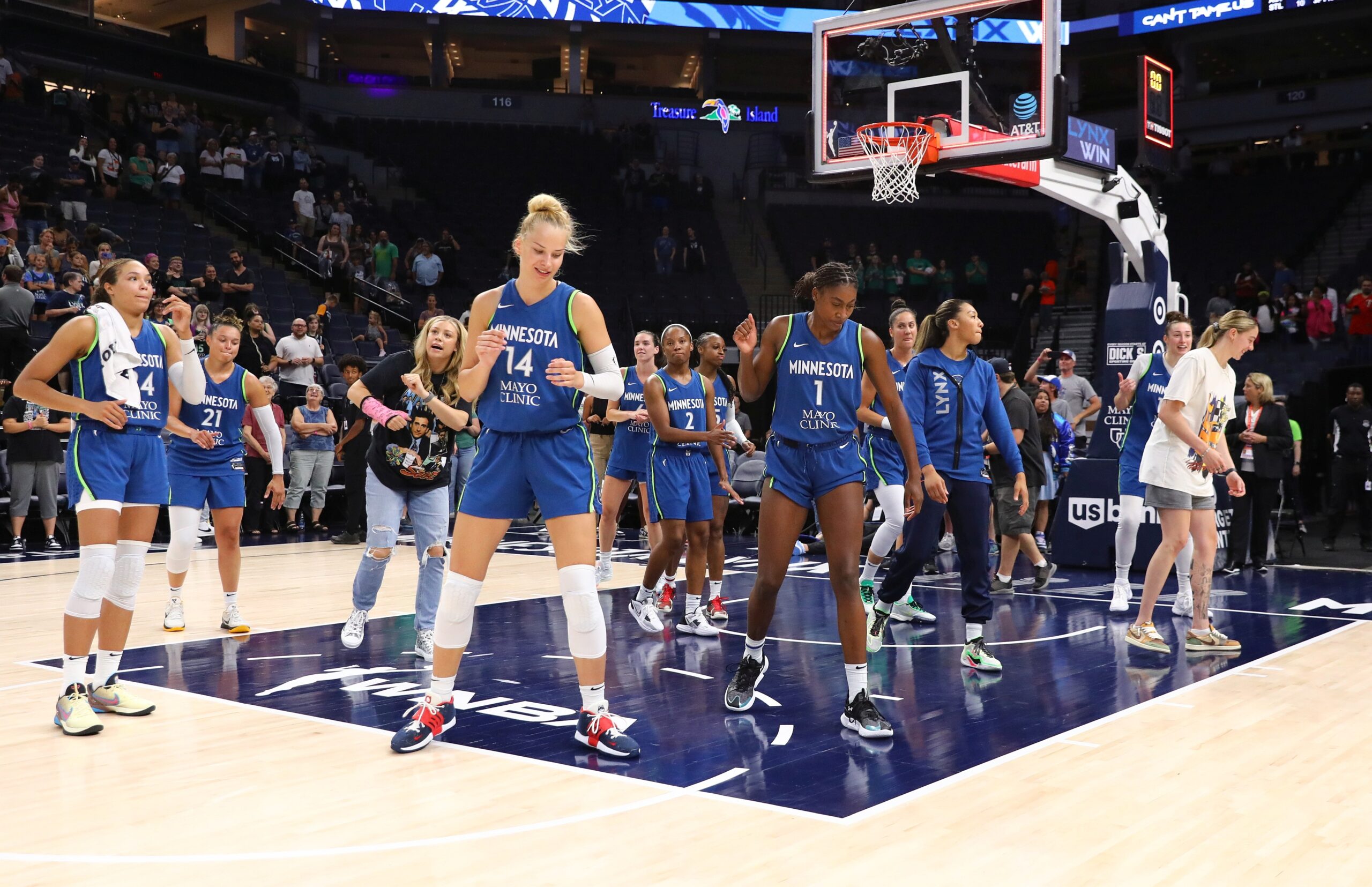 The Minnesota Lynx mid-victory dance after a 97-92 against the Washington Mystics on July 26 at Target Center in Minneapolis (Photo Credit: John McClellan)
