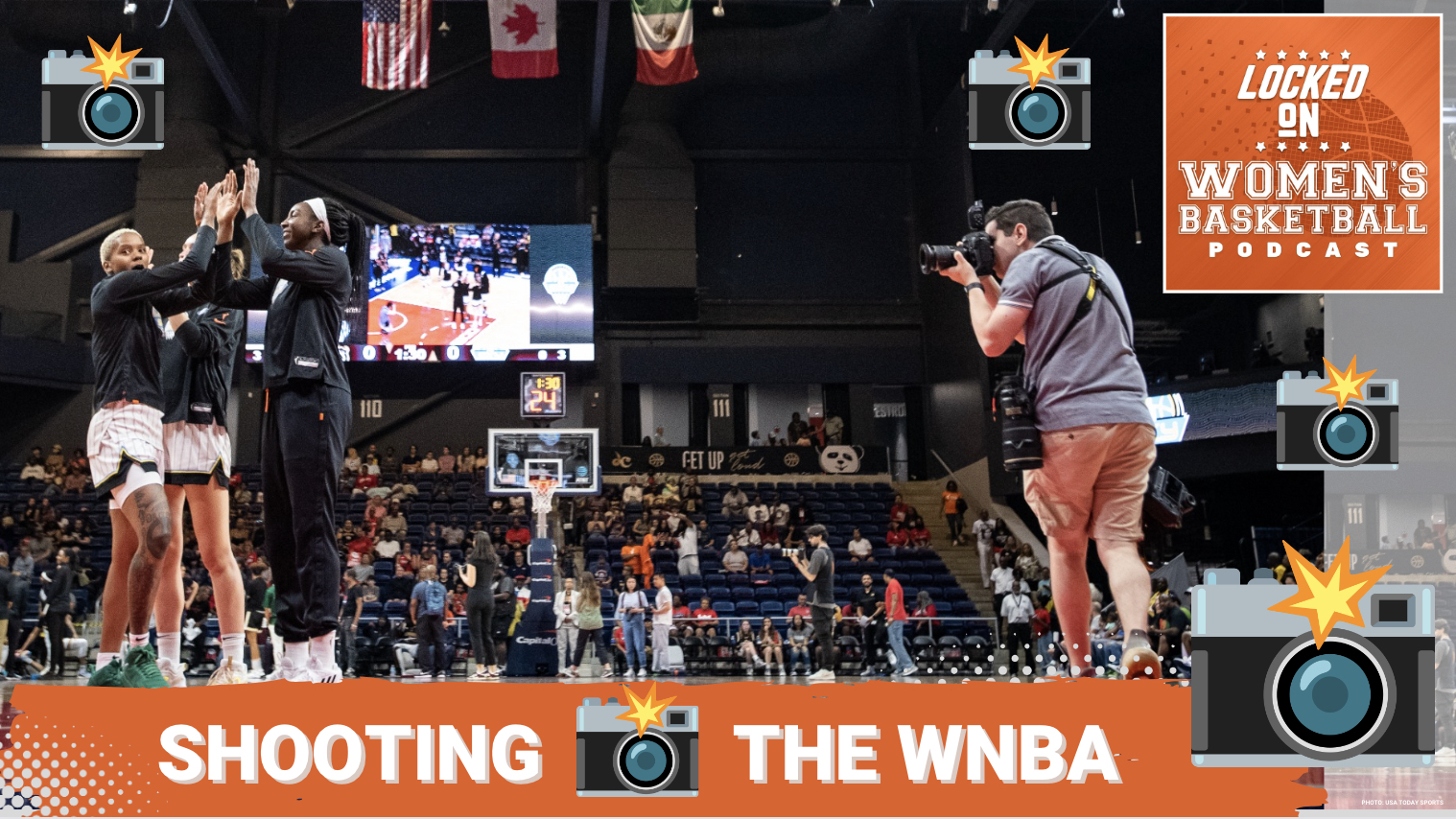White text over an orange background that reads "shooting [camera emoji] the WNBA"