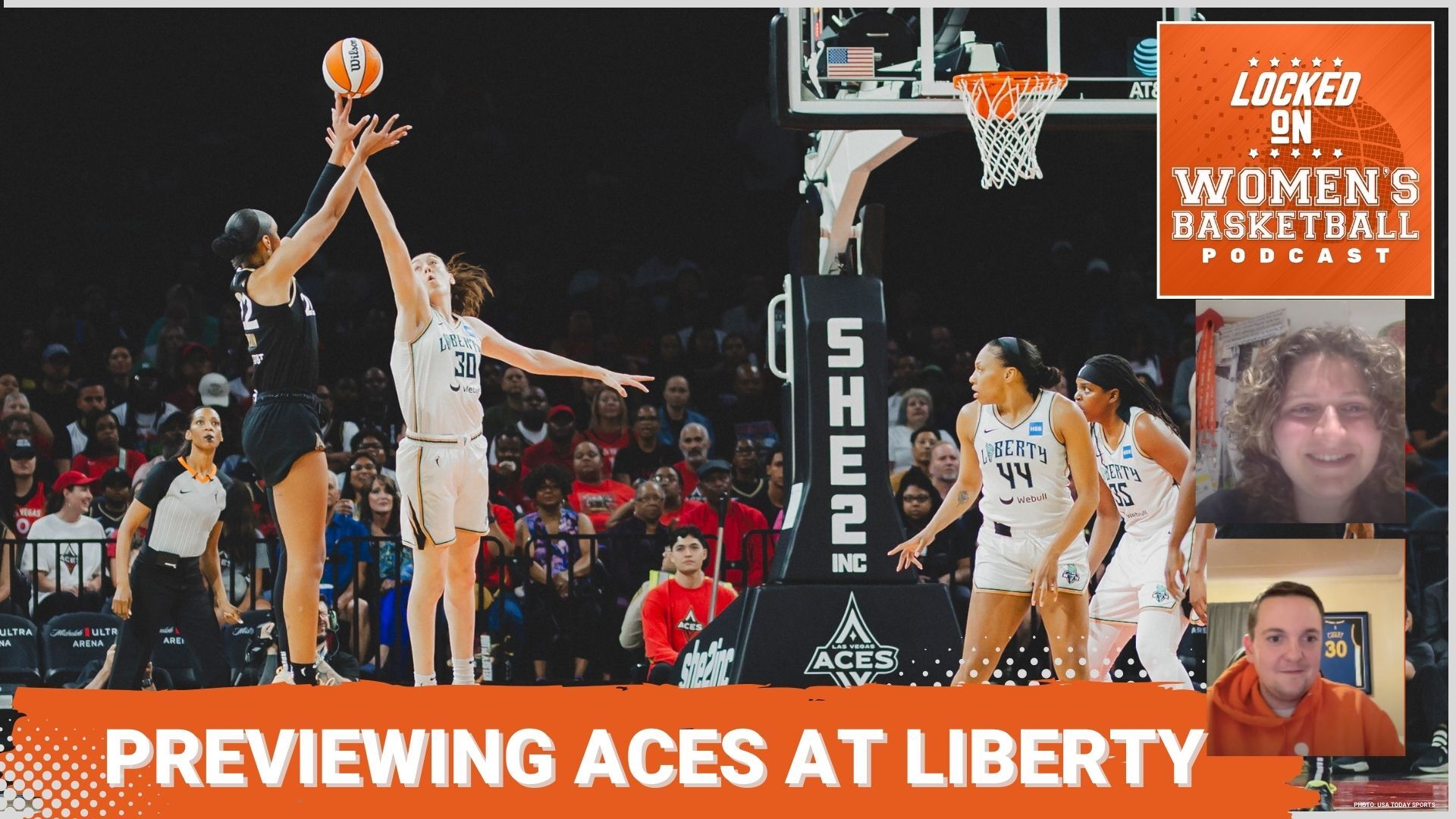 A thumbnail for the Locked on Women's Basketball podcast, featuring a game shot of Aces forward A'ja Wilson shooting a midrange jumper from the left side over the outstretched arm of Liberty forward Breanna Stewart.