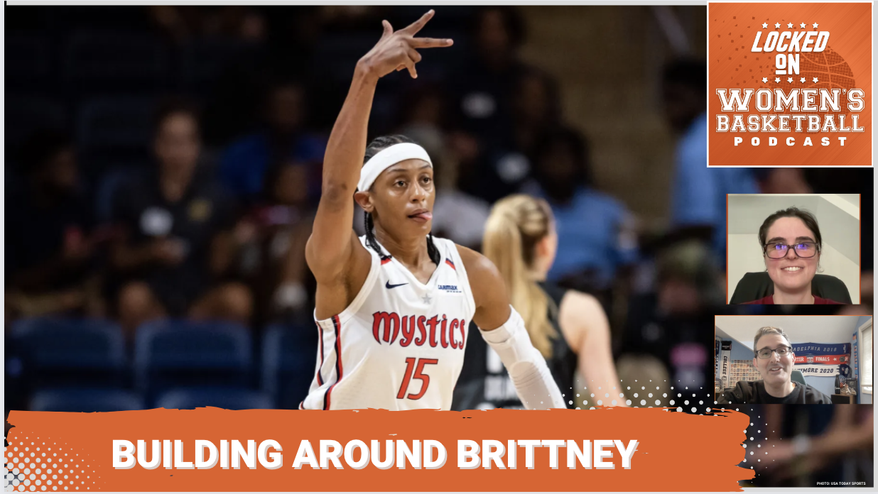 Washington Mystics guard Brittney Sykes holds three fingers in the air and sticks her tongue out in celebration. The phrase "Building Around Brittney" is overlaid at the bottom in all caps, and the orange Locked on Women's Basketball logo is in the upper right corner.