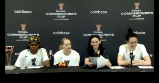 Jonquel Jones, Marine Johannes, Sandy Brondello and Breanna Stewart of the New York Liberty reflect with reporters on the team's Commissioner's Cup win Tuesday, August 15, 2023. (Screenshot)