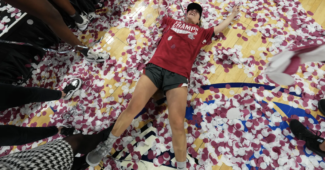 Charlisse Leger-Walker celebrates the teams Pac-12 championship. Photo Credit: Power Imagery