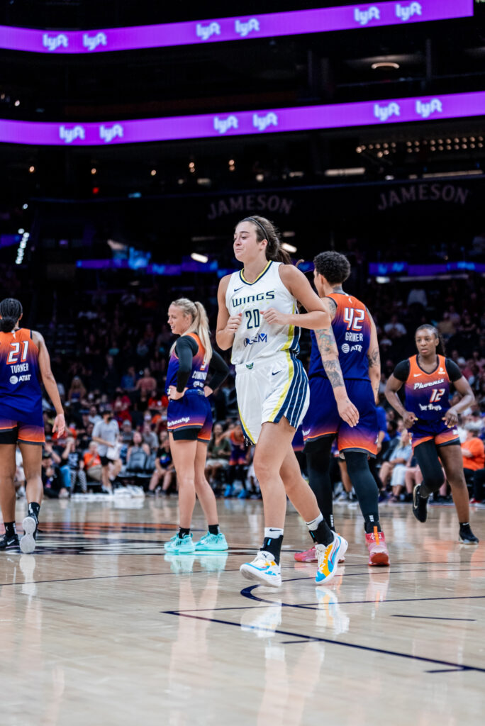 Maddy Siegrist checks into a game for the Dallas Wings on Aug. 21. (Photo via Dallas Wings)