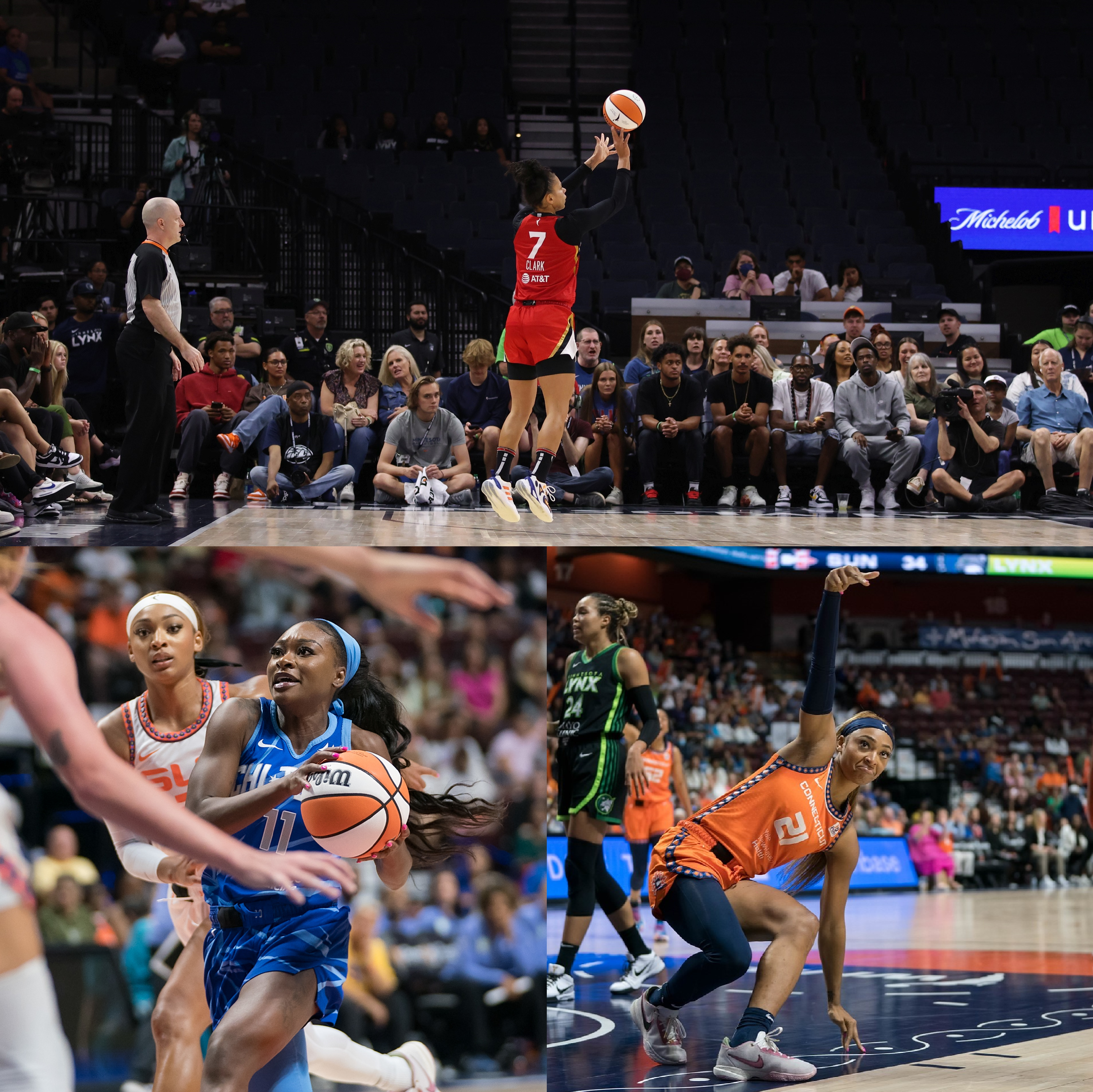 A three-picture collage of the leading WNBA Sixth Player of the Year vote-getters: on top, Alysha Clark shoots a 3-pointer; on the bottom-left, Dana Evans fights to keep ahold of the ball as she weaves through traffic; on the bottom-right, DiJonai Carrington makes the "count it" gesture to celebrate an and-1.