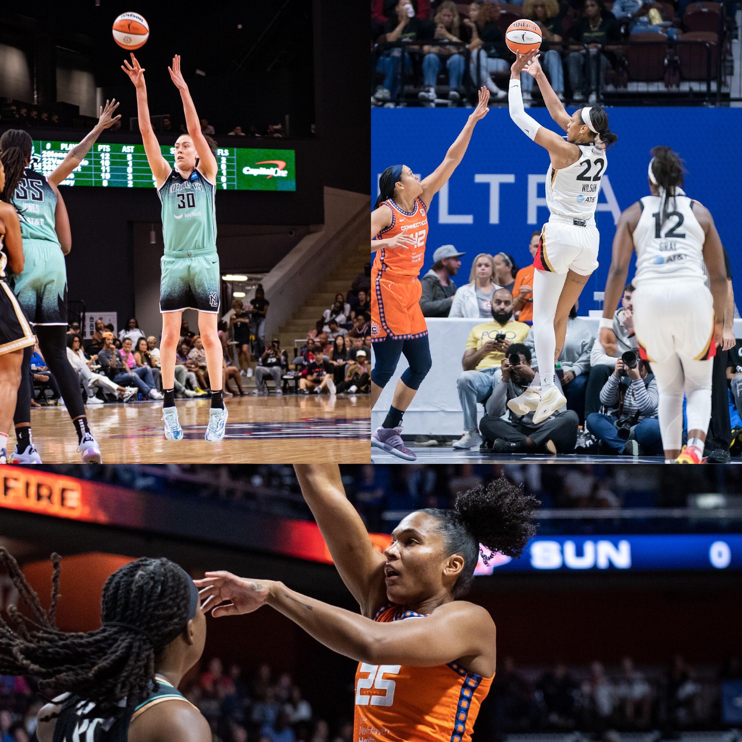 A three-picture collage of the leading WNBA MVP vote-getters: on top-left, Breanna Stewart releases a deep jump shot over the outstretched arm of a defender; on the top-right, A'ja Wilson shoots a fadeaway jumper over a defender; on the bottom, Alyssa Thomas.