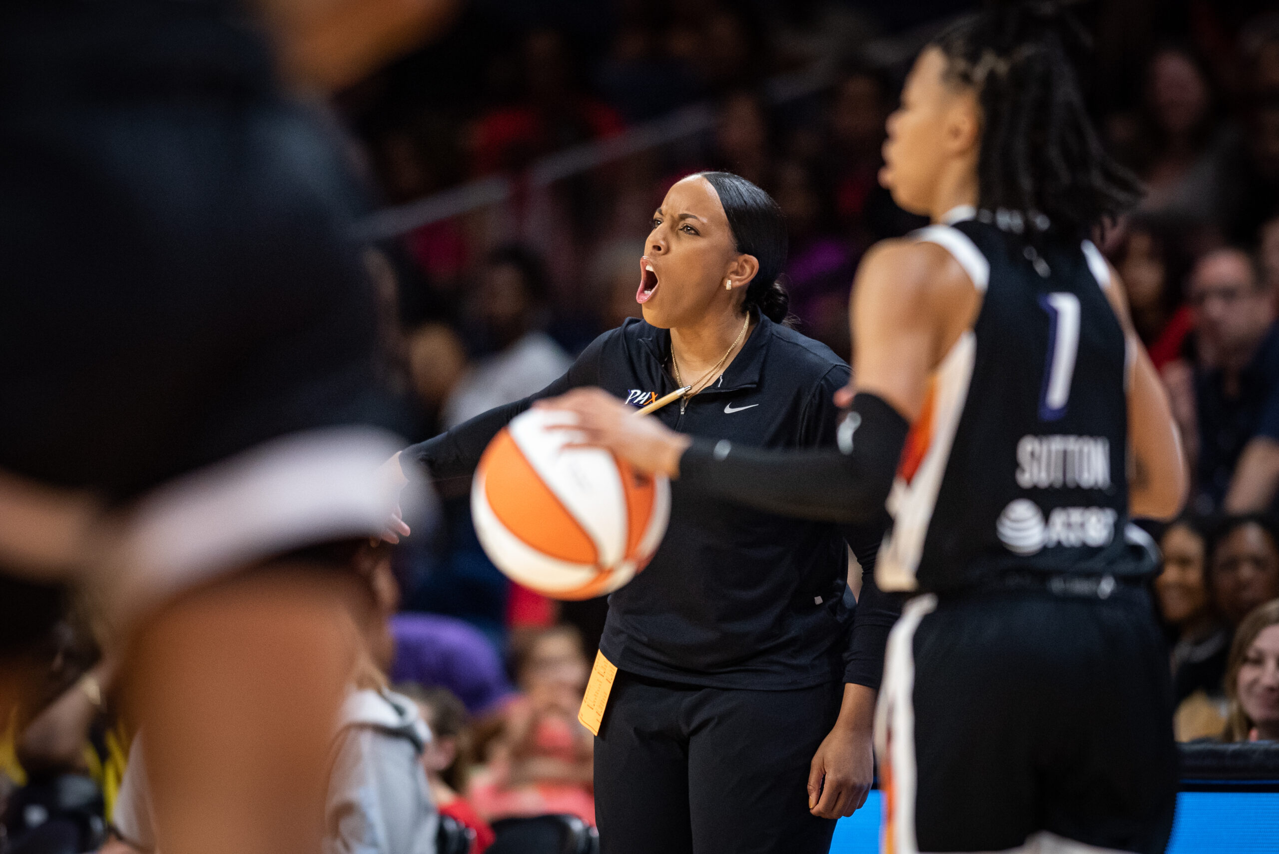 Nikki Blue on the sidelines as the Phoenix Mercury take on the Washington Mystics on July 23, 2023.